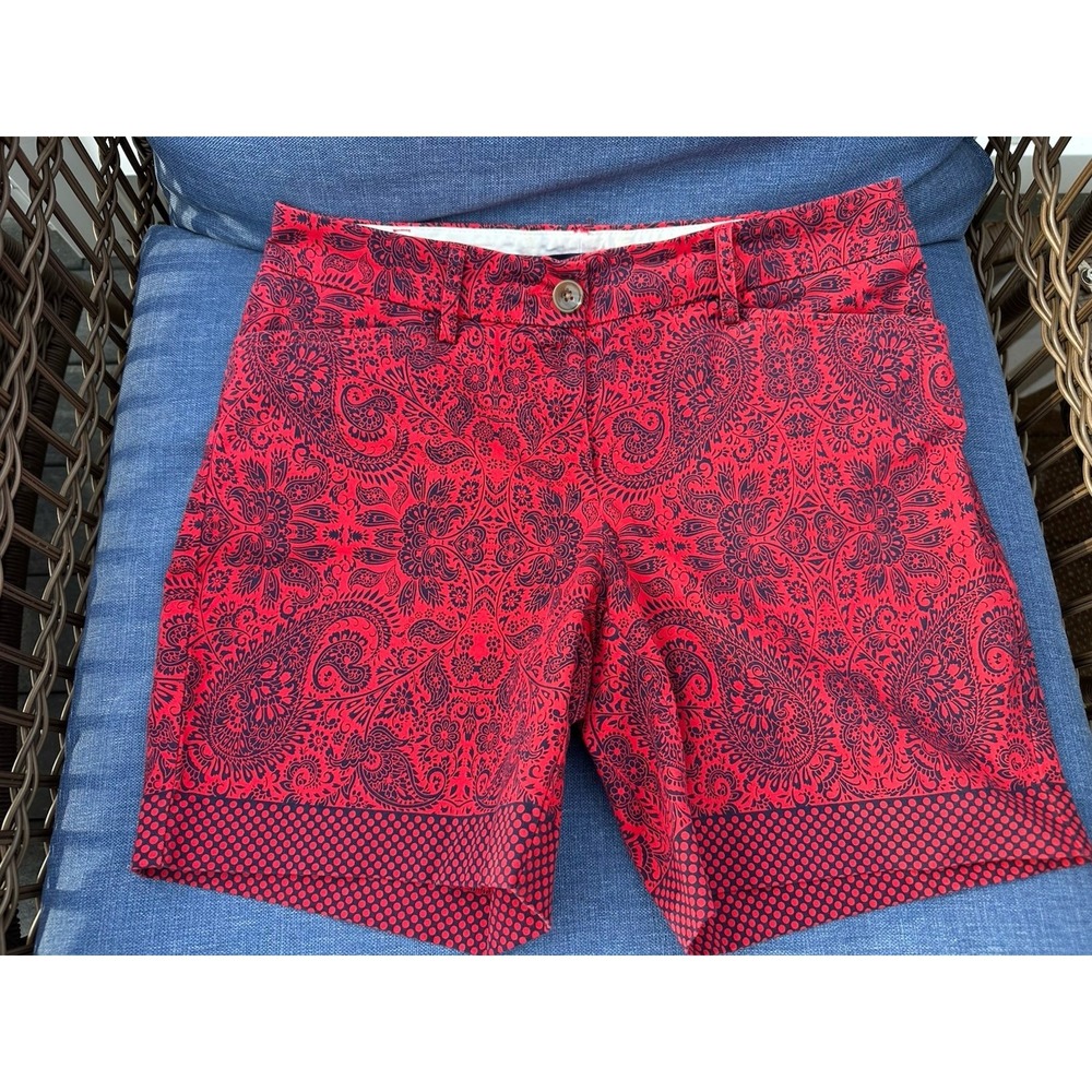 Lands End Shorts Womens Red Paisley Mid Rise Brushed Cotton Stretch Size 4
